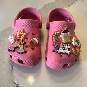 Girls size 9 pink crocs with jibbits